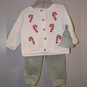 🆕 Chickpea Baby Cream Red Candy Cane Knit Sweater Pants Set 6-9 Months 🎄
